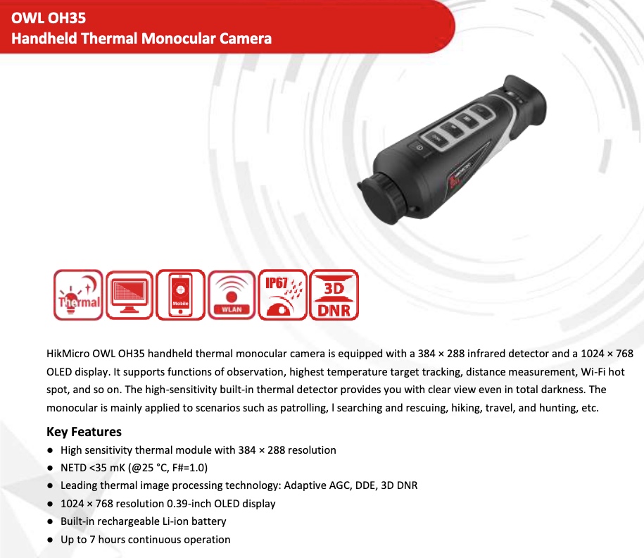 HIKMICRO OWL OH35 Monocolo THERMAL Dig.Zoom 2.3/18.4x 16G Wifi 1024×780 Oled Lens 35mm (A)